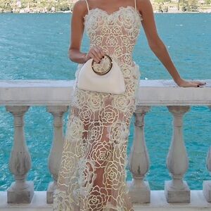 Krinou Sheer Floral Lace Maxi Dress in Ivory